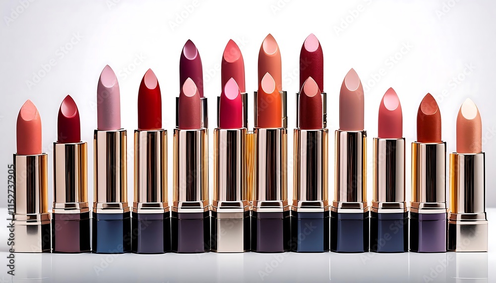 Obraz premium An arrangement of several lipsticks in various colors is displayed on a white background.