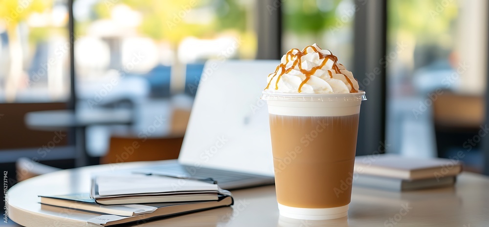 Iced Caramel Coffee Drink on Table with Laptop and Notebooks. Iced Caramel Coffee Drink on Table with Laptop and Notebooks.