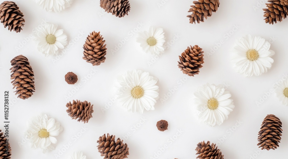 Flatlay of white daisies and pine cones on white. Flatlay of white daisies and pine cones on white.