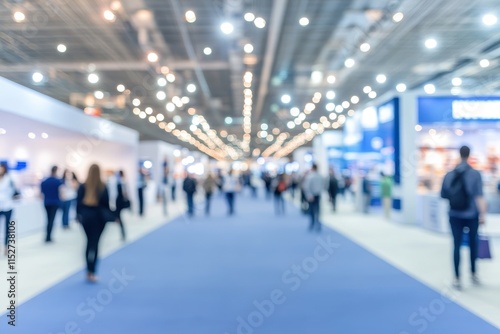 Blurred image of a busy trade show floor with many people walking.