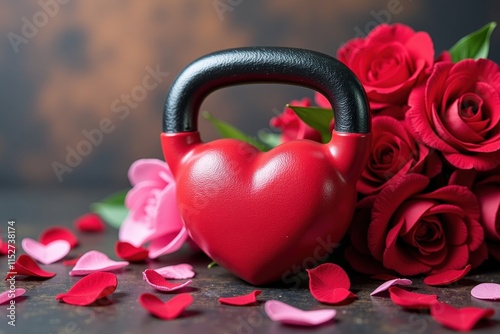 Romantic Valentine's Day Decor: Heart-Shaped Kettlebell Surrounded by Red Roses and Petals, Perfect for Celebrating Love and Fitness