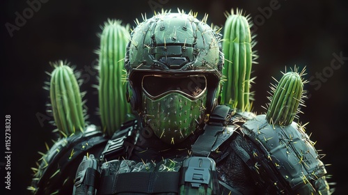 Desert Warfare: A soldier camouflaged with cacti in a harsh environment. photo