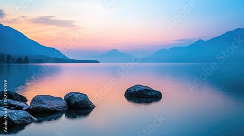 A panoramic view of a tranquil lake at twilight,