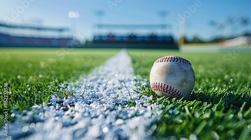 Well-worn baseball resting on the first-base line of a sunlit field.