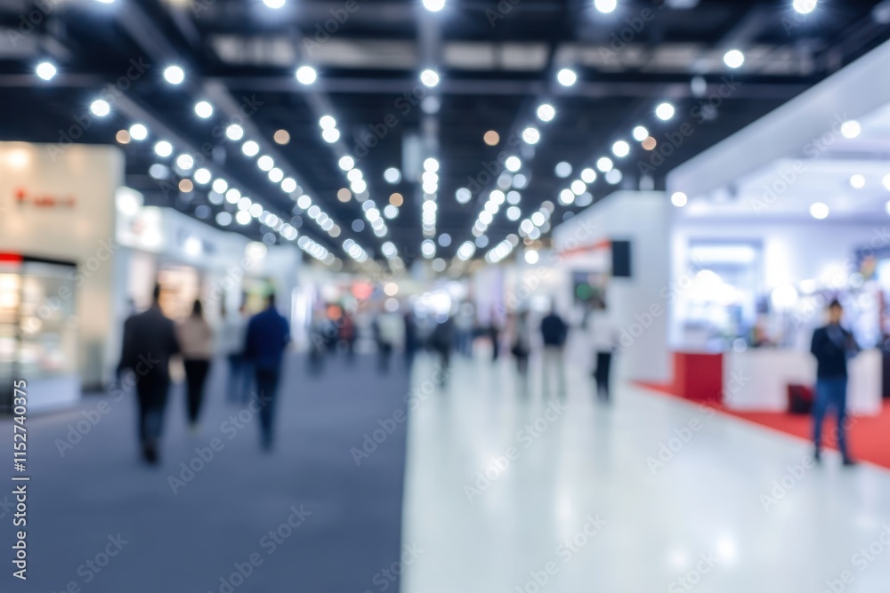 Blurred image of a bustling trade show floor with many people walking among exhibition booths. Blurred image of a bustling trade show floor with many people walking among exhibition booths.