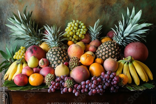 Abundant still life of colorful exotic fruits arranged on a dark wooden surface.