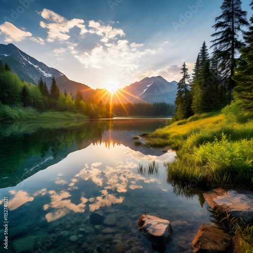 Sunset Reflections: A Serene Lake Amidst Lush Greenery and Distant Mountains - Nature Stock Photo photo