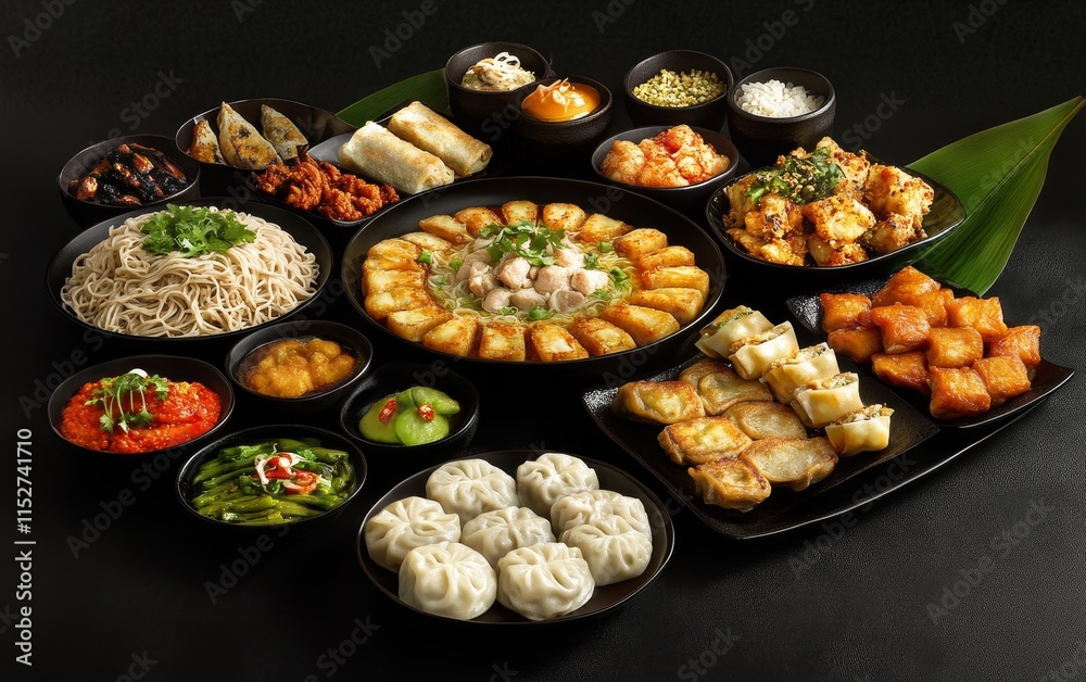Assorted Asian cuisine dishes on dark background. Assorted Asian cuisine dishes on dark background.