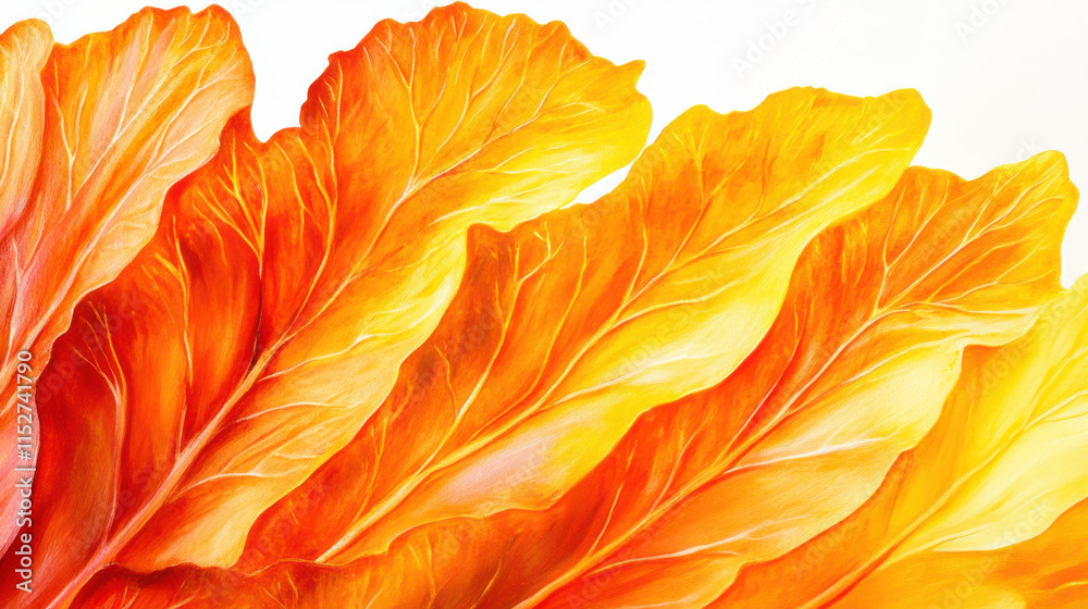 Fototapeta premium A fiery gradient orange cabbage with a matte finish, the veins of the leaves softly highlighted in bright yellow hues, creating a surreal, clean separation from the pure white background. Ultra-detail
