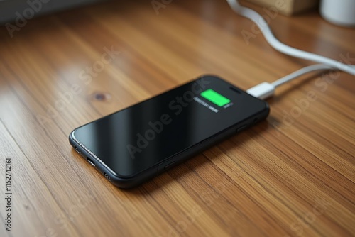 Black Smartphone Charging on Wooden Surface photo