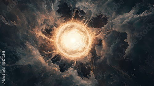 A bright white light emanates from the center of a black background, surrounded by a glowing halo and radiating rays. Aureole. Illustration