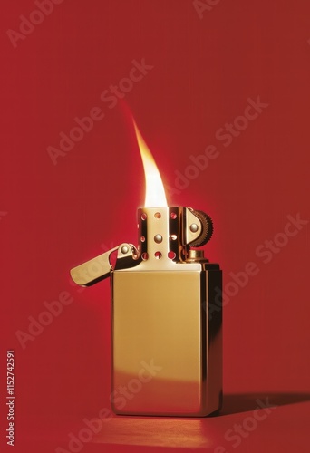 Shiny golden lighter with flame on red backdrop