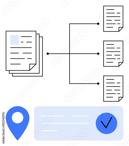 Stack of documents connected to multiple individual files through lines and nodes, location marker, and verification checkmark in blue. Ideal for workflow, organizational, collaborative tasks, file