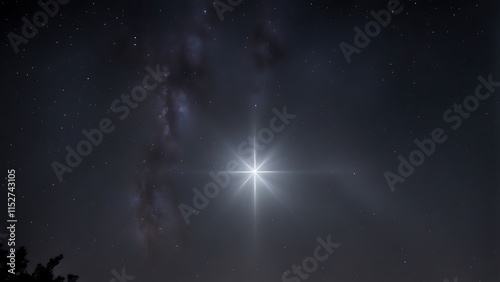 A bright star in the center of the composition, its glow radiating subtly across a dark sky.