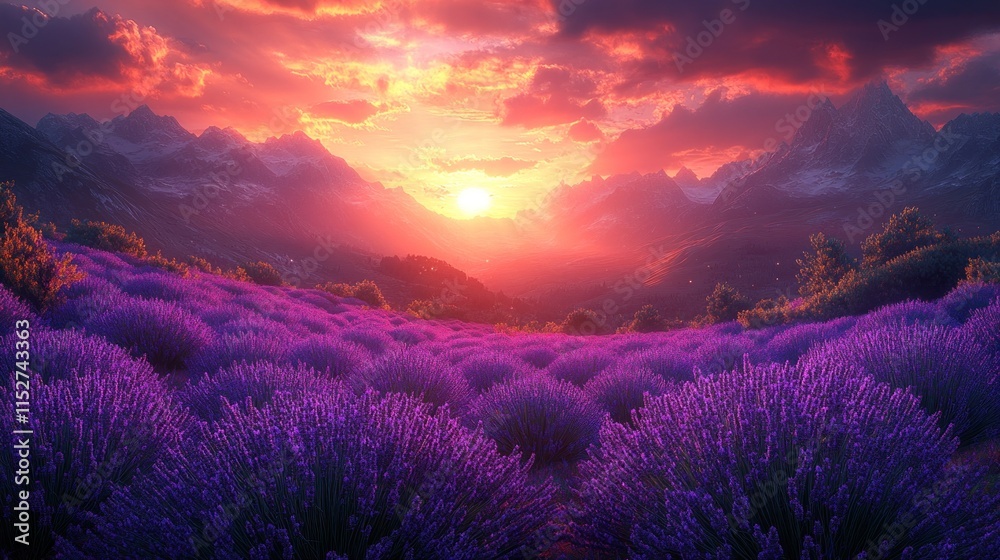 Vibrant sunset over lavender fields and majestic mountains. Vibrant sunset over lavender fields and majestic mountains.