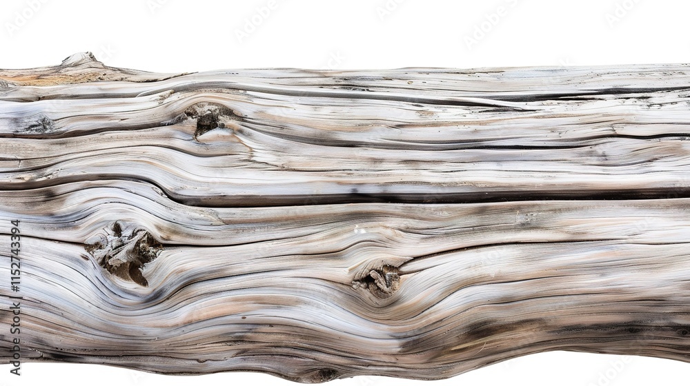Fototapeta premium White background highlighting a solitary driftwood plank with its unique texture and shape, Driftwood plank showing the marks of time and nature's touch, A piece of driftwood on plain white backdrop 