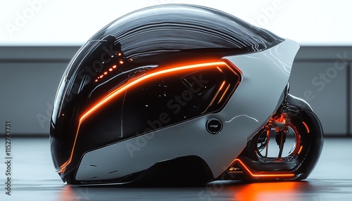 A futuristic motorcycle helmet with advanced aerodynamic design, glowing safety features, and performanceboosting technology, vibrant neon accents, ultrasharp focus, 4K resolution photo