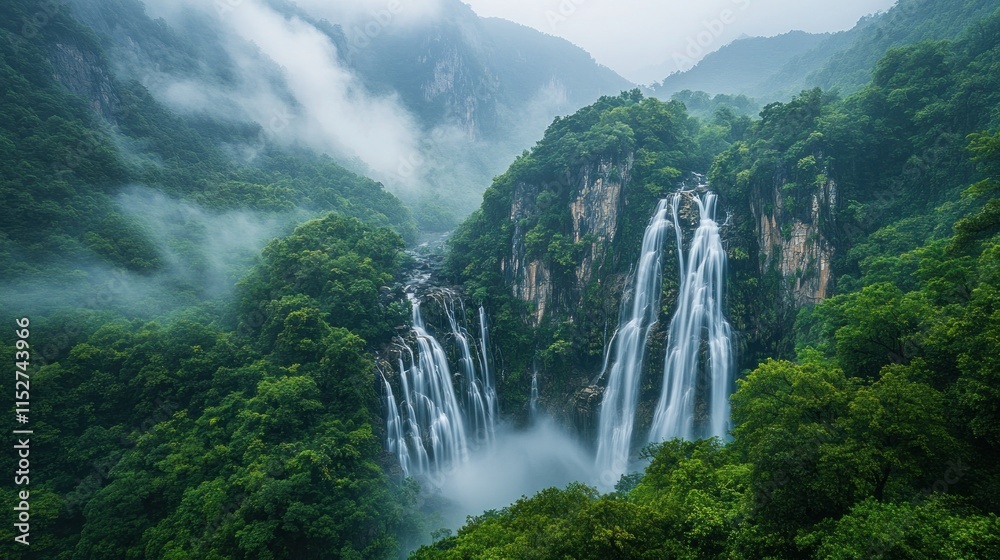 Fototapeta premium Misty mountain waterfall cascading down lush green cliffs.
