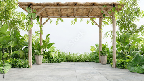 Outdoor bamboo gazebo with woven roof and lush greenery