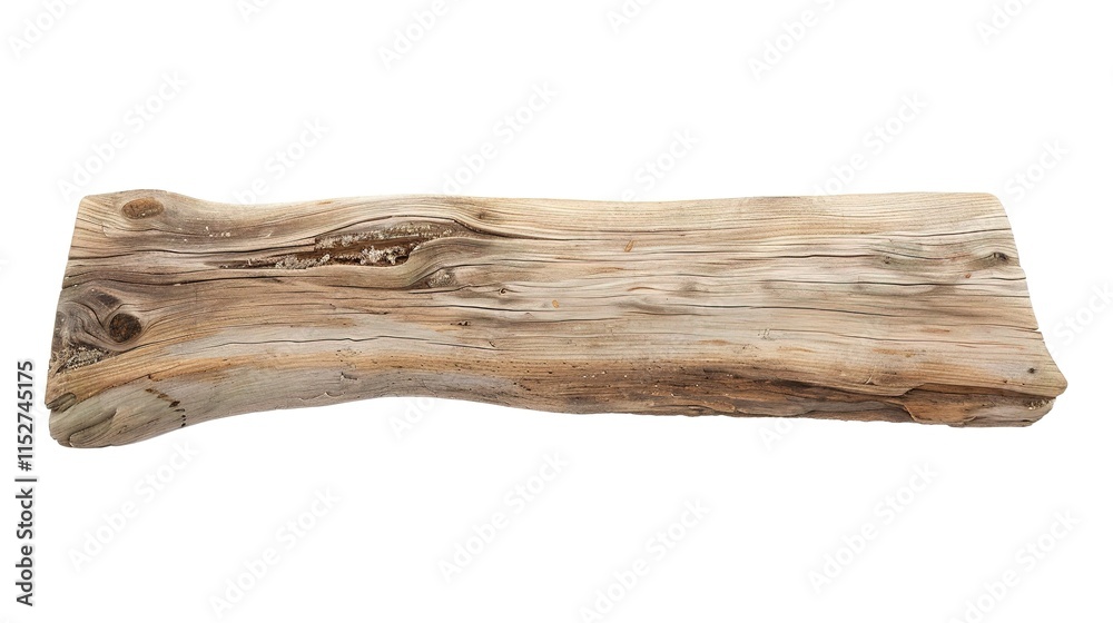 White background highlighting a solitary driftwood plank with its unique texture and shape, Driftwood plank showing the marks of time and nature's touch, A piece of driftwood on plain white backdrop White background highlighting a solitary driftwood plank with its unique texture and shape, Driftwood plank showing the marks of time and nature's touch, A piece of driftwood on plain white backdrop
