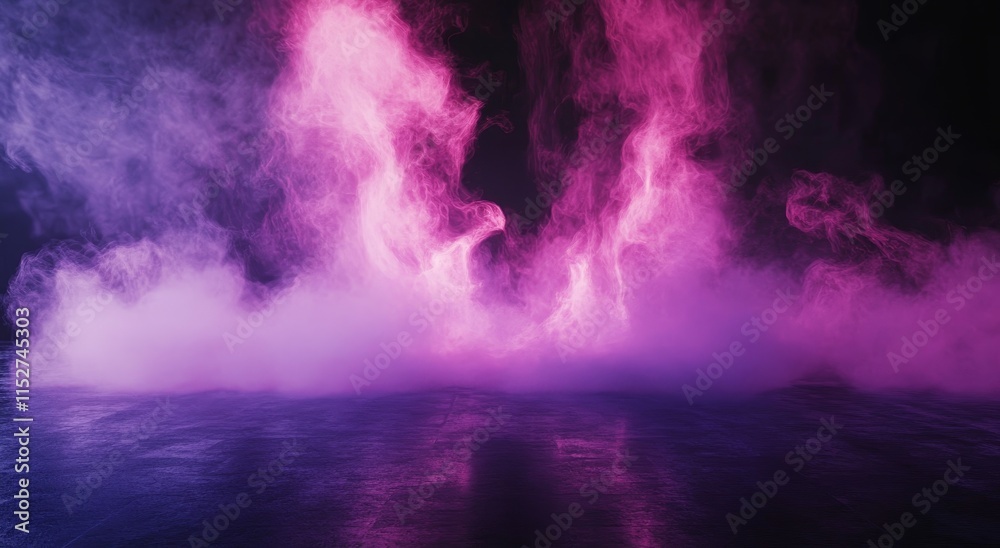 Fototapeta premium Pink and purple neon smoke on dark reflective surface.