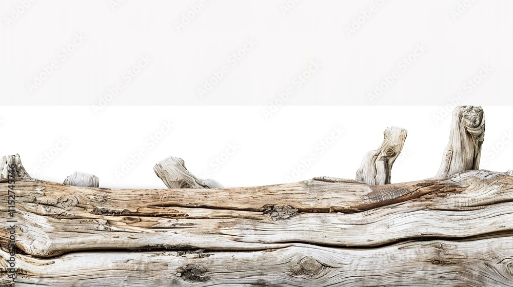 White background highlighting a solitary driftwood plank with its unique texture and shape, Driftwood plank showing the marks of time and nature's touch, A piece of driftwood on plain white backdrop White background highlighting a solitary driftwood plank with its unique texture and shape, Driftwood plank showing the marks of time and nature's touch, A piece of driftwood on plain white backdrop