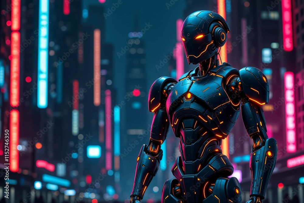 Futuristic Robot Stands in Neon Cityscape at Night Futuristic Robot Stands in Neon Cityscape at Night