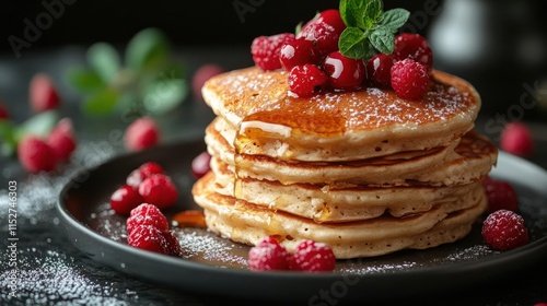 Wallpaper Mural A stack of pancakes topped with berries and powdered sugar on a plate. Torontodigital.ca