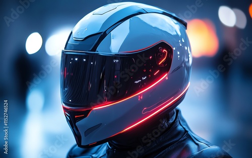 A sleek, futuristic motorcycle helmet with integrated safety and performanceenhancing technology, glowing accents, hightech materials, vibrant colors, hyperdetailed, 4K quality photo