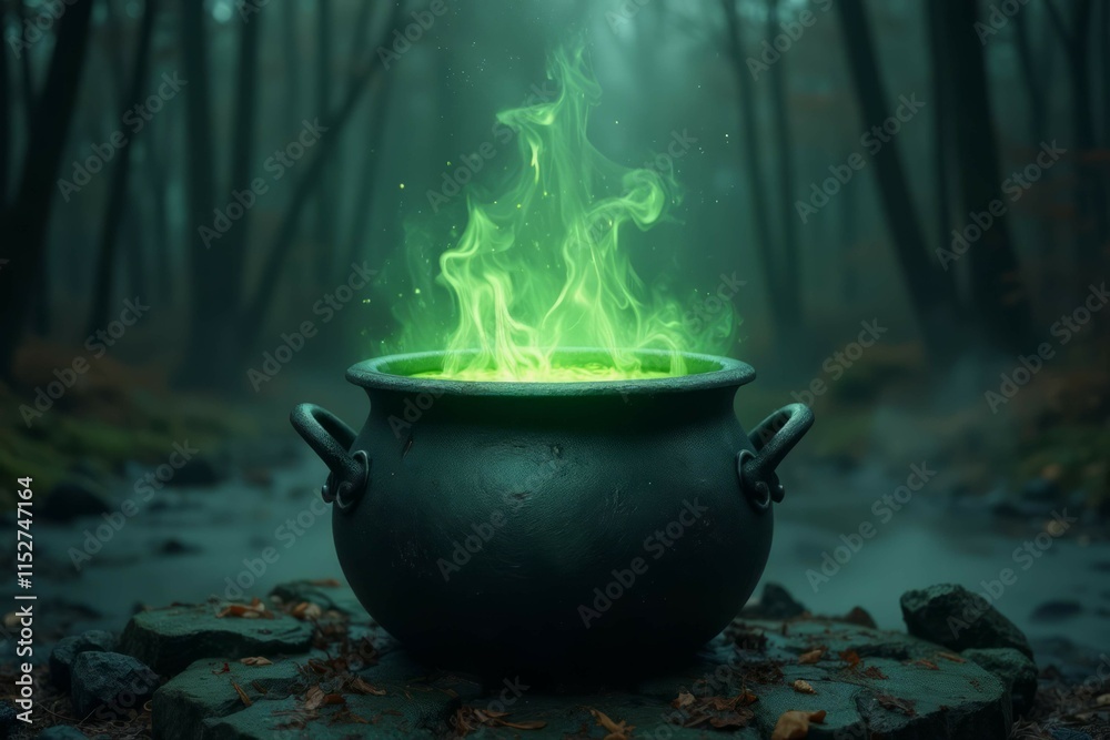 Green potion brews in a cauldron within a dark forest Green potion brews in a cauldron within a dark forest