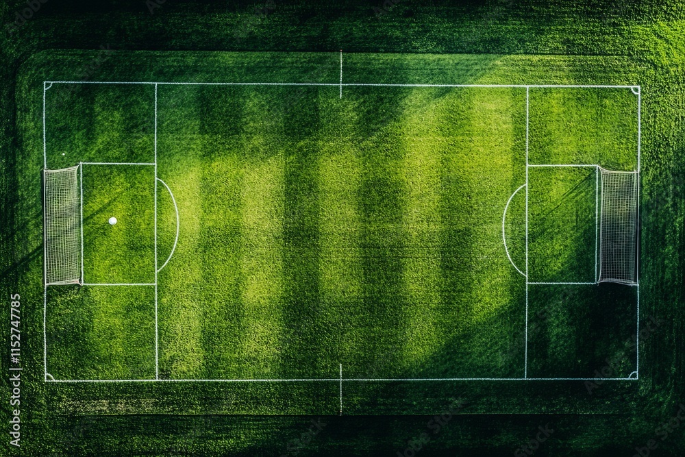 Aerial view of empty soccer field with goals, lines, and ball. Aerial view of empty soccer field with goals, lines, and ball.
