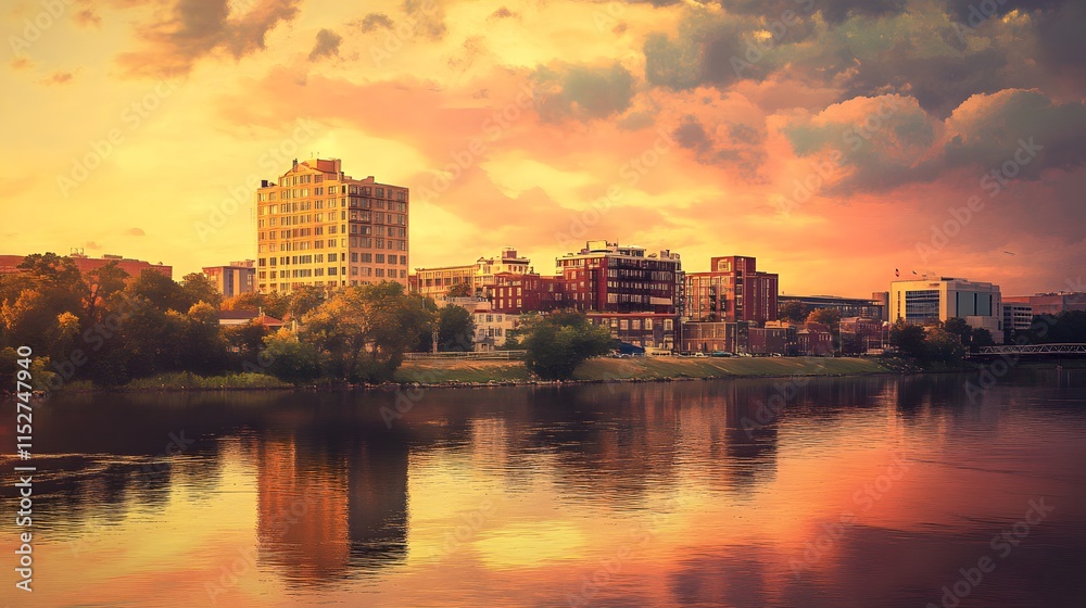 Naklejka premium Cityscape at Sunset Over River Reflecting Buildings