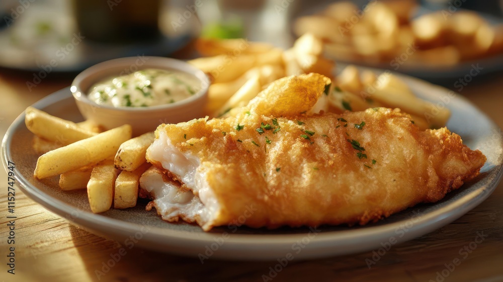 A plate of fish and chips with a side of tartar sauce. A plate of fish and chips with a side of tartar sauce.