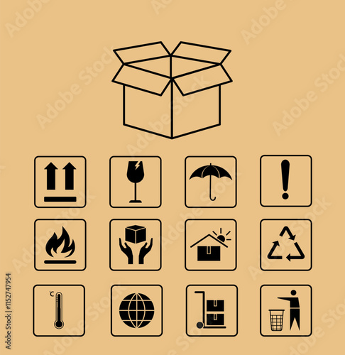 Packaging symbols set. Cardboard package with signs. Information and infographics. Fragile, flammable, recyclable material. Flat vector collection