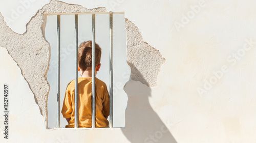 Child behind bars, feeling isolated and trapped in shadows