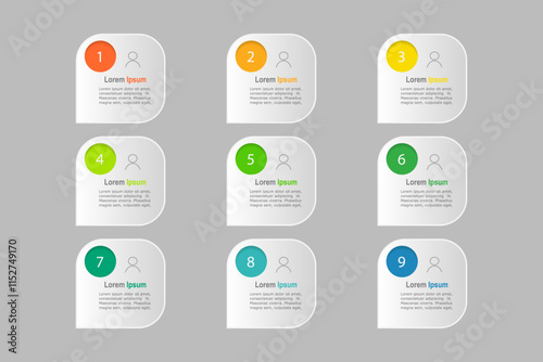 business concept with 9 steps, rectangle with  colorful  label ,design for workflow layout, diagram, annual report, web design. Creative banner, vector