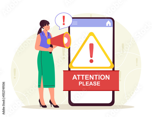 Pay attention concept. Woman with loudspeaker near huge smartphone. Notice and announcement. Notification from mobile applications. Focus and concentration. Flat vector illustration