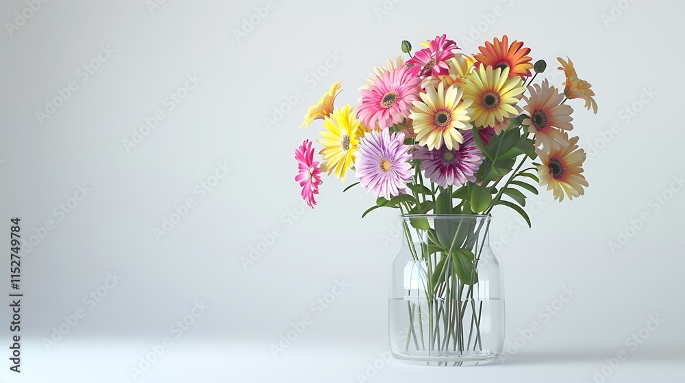 A bright bouquet of fresh mixed flowers in a glass vase against a white background A bright bouquet of fresh mixed flowers in a glass vase against a white background