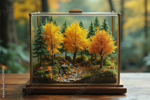 Miniature Autumn Forest Scene In Glass Enclosure photo