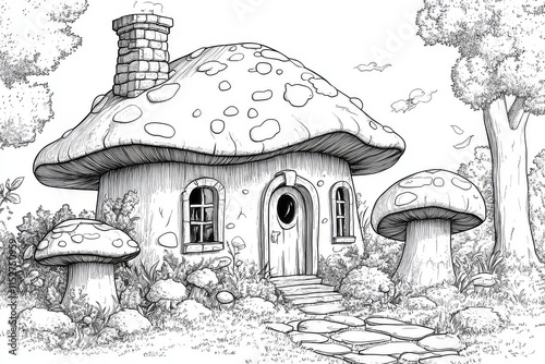 Cute cartoon mushroom house with toadstools in the garden, coloring page for kids, thick lines, no shading, simple details, fun and playful design. photo