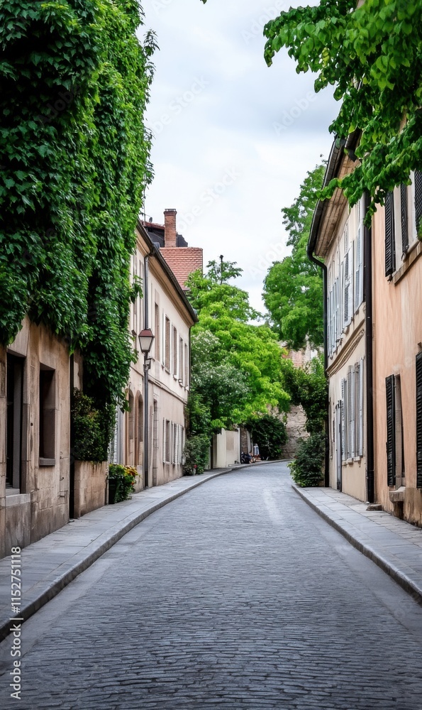 Quiet cobblestone street lined with green foliage and charming historic buildings in a tranquil neighborhood Quiet cobblestone street lined with green foliage and charming historic buildings in a tranquil neighborhood