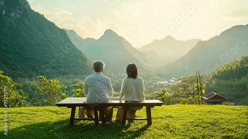 Elderly couple sitting on a bench, enjoying a scenic mountain view at sunset.