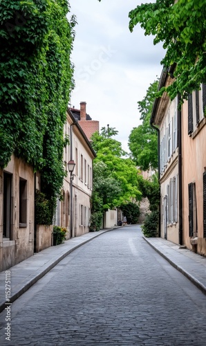 Quiet cobblestone street lined with green foliage and charming historic buildings in a tranquil neighborhood