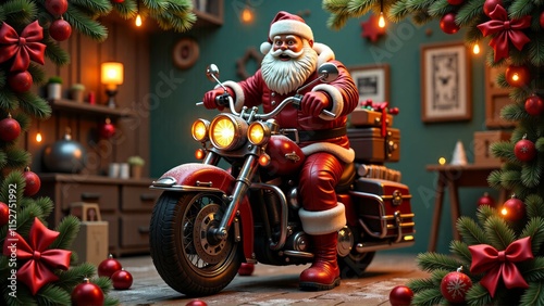 Santa Claus Rides a Motorcycle Through a Festive Christmas Scene