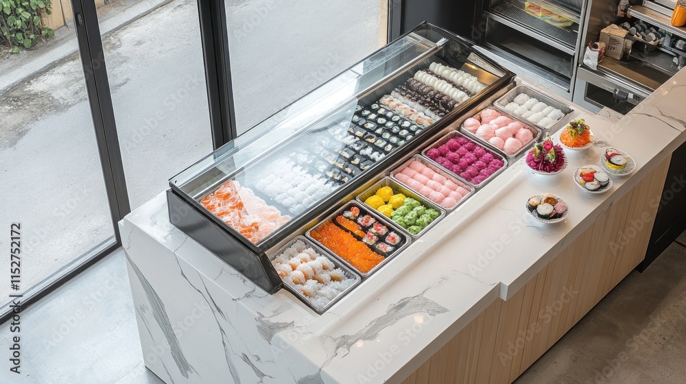 Colorful sushi and desserts displayed in a refrigerated counter. Colorful sushi and desserts displayed in a refrigerated counter.