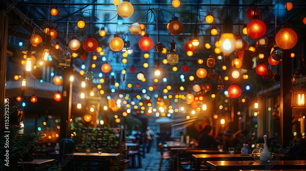 Festive Outdoor Cafe Decorated with Hanging String Lights at Night