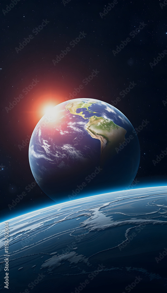 Fototapeta premium Planet Earth with a bright sunrise illuminating its surface, viewed from space, showcasing the beginning of a new day on our world