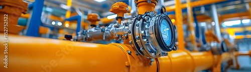 Industrial Piping System Closeup Photo: Yellow Pipes, Valves, and Gauges in a Factory Setting photo