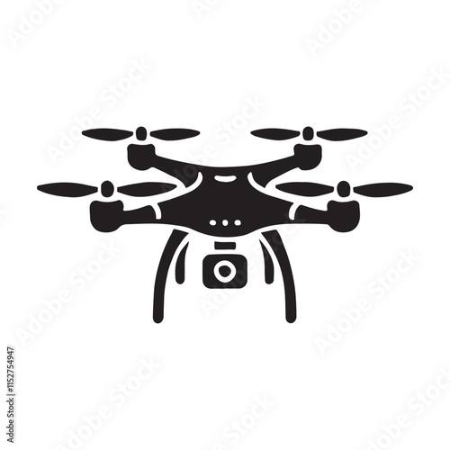 Modern Drone Icon with Camera Showing Aerial Photography Capabilities. Simple, black-and-white vector graphic of a drone, highlighting its key components, including the rotors and camera.