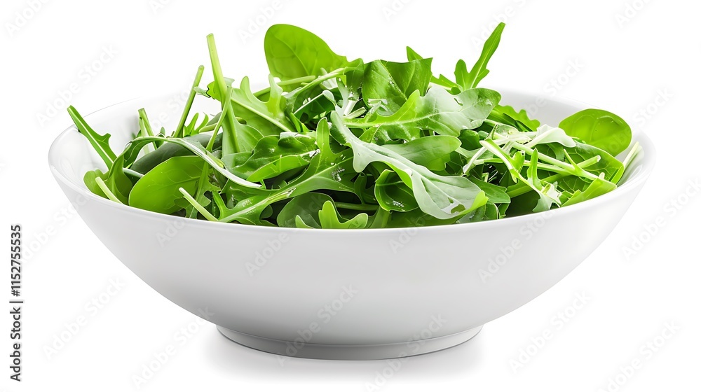 A fresh, green salad with arugula, spinach, and avocados in a white bowl A fresh, green salad with arugula, spinach, and avocados in a white bowl